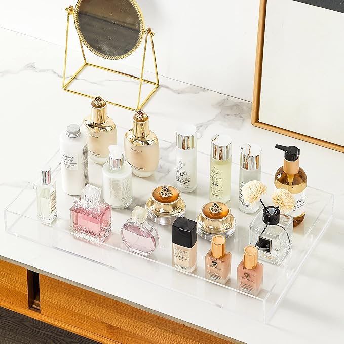 Clear Sturdy Acrylic Serving Tray with Handles 12x20x2H Inches -Spill Proof- Decorative Trays Countertop Organizer for Ottoman Coffee Table Nightstand, sidetable, Breakfast, Tea, Food