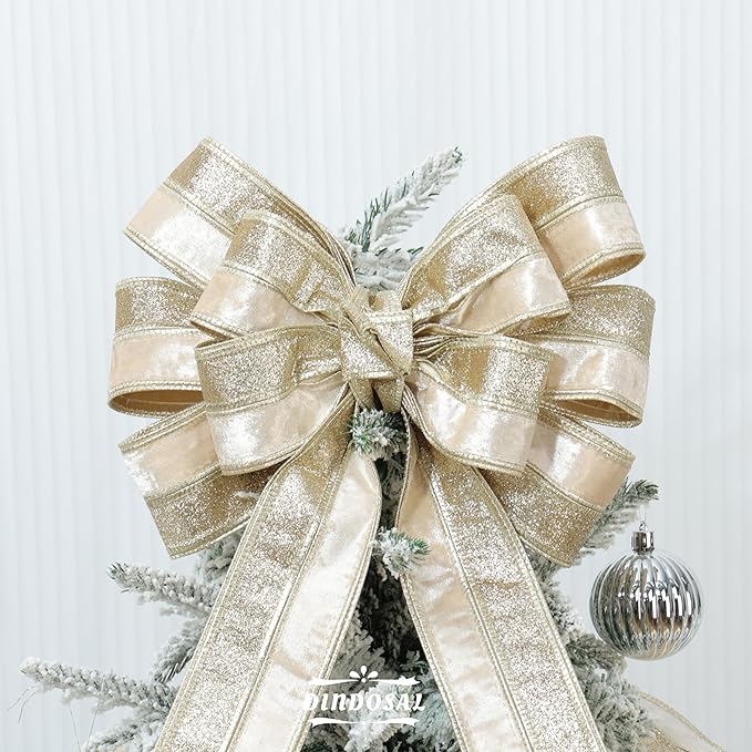 Champagne Velvet and Glitter Wired Christmas Ribbon 2.5 Inch – 10-Yards Roll for Tree Decorations, Gift Wrapping, Wreaths, and DIY Crafts
