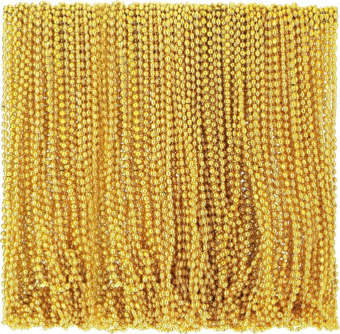 Riceshoot 200 Pcs Gold Bead Necklace Bulk Mardi Gras Oval Beads Necklace Party Favors 33" 7mm Metallic Color Beaded Costume Necklaces for Halloween Christmas Festive Event Accessories