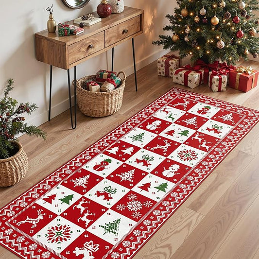 Christmas Runner Rug 2x5 Washable Rug for Hallway Kitchen Bedroom, Christmas Home Decor, Holiday Print Carpet, Low Pile Mat with Non Slip Backing, Red White Checkerboard