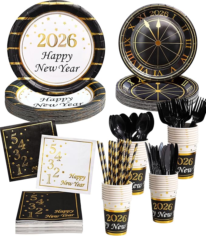 New Year Plates & Napkins Party Supplies - 2026 - Serves 16 - Happy New Year Eve Plates, Napkins, Cups, Cutlery, Straws NY Party Decorations Favors