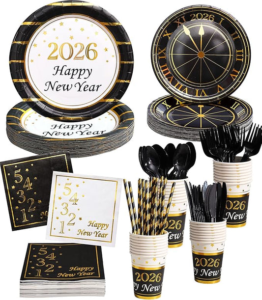 New Year Plates & Napkins Party Supplies - 2026 - Serves 16 - Happy New Year Eve Plates, Napkins, Cups, Cutlery, Straws NY Party Decorations Favors
