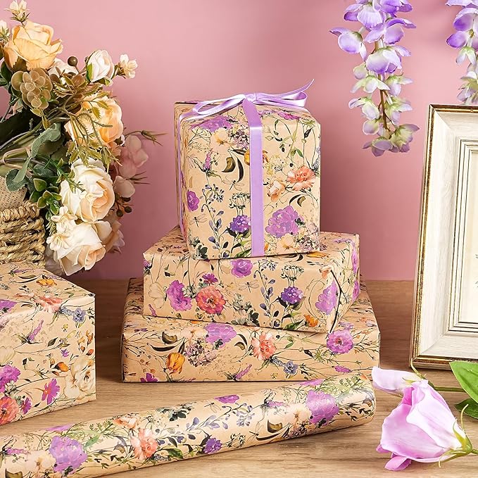 WRAPAHOLIC Kraft Floral Wrapping Paper Roll - Mini Roll - 17 Inch x 16.5 Feet - Garden Wildflower Wrapping Paper Perfect for Girls Women Birthday, Wedding, Bridal Shower