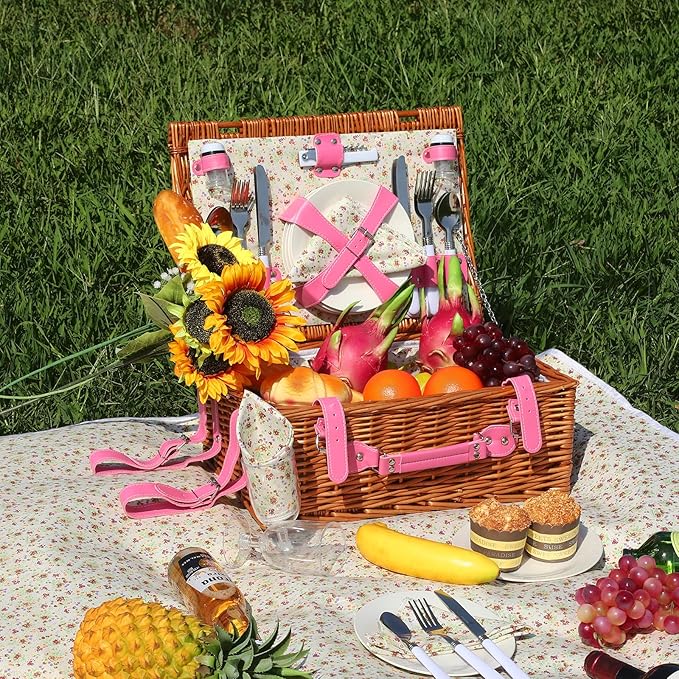 Picnic Basket Set for 4 with Waterproof Blanket Mat Insulation Bag Wicker Pink Floral Classic Fresh Gift for Wedding Birthday Summer Camp Outdoor Camping Beach Travel Christmas Thanksgiving