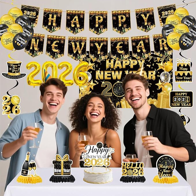 2026 New Years Decorations Party - 35 Pcs Gold Black 2026 Happy New Year Banners Foil Balloons Backdrop Hanging Swirls Honeycomb Centerpieces Cake Topper for New Years Eve Party Celebration Supplies