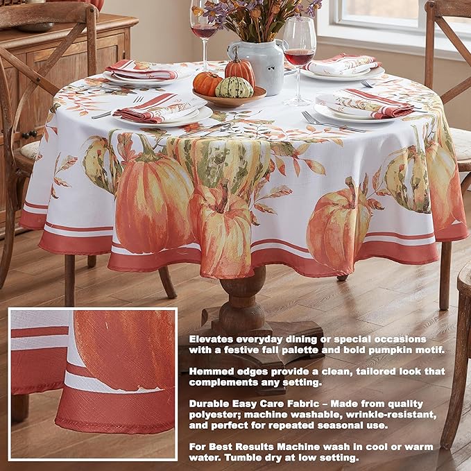 Home Bargains Plus Thanksgiving Contemporary Orange Pumpkin Tablecloth, 70 Inch Round, Fall Harvest Easy Care Fabric Table Cover