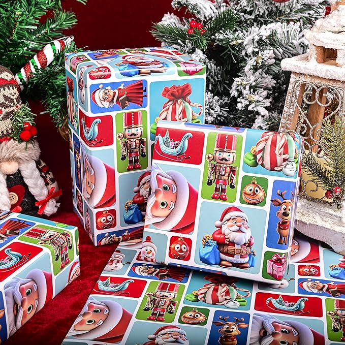 Vnaaem Funny Christmas Wrapping Paper Roll - Xmas Santa Claus, Reindeer, Nutcracker, Snowman Design Gift Wrap for Holiday Party Celebration, DIY Craft - 17 In X 20 Ft(Total 28.5sq.ft)