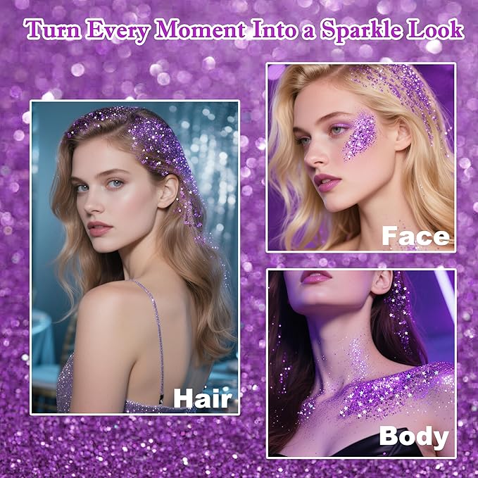 MEICOLY Light Purple Hair Glitter Stick for Kids,Halloween Face Glitter Stick Spirit Week Wear,Women Costume Sparkle Chunky Glitter Makeup,Waterproof Body Glitter for Party Rave Festival