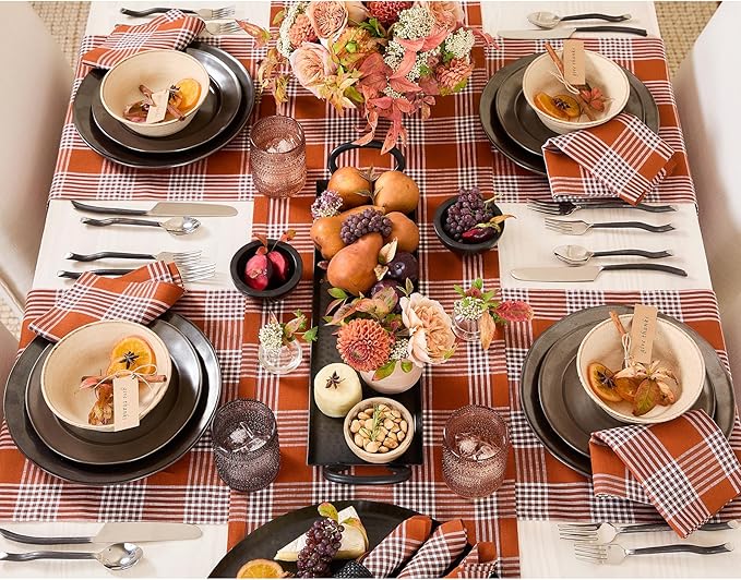 Solino Home Fall Plaid Table Runner 90 Inches Long - 100% Pure Linen Glen Check Nutmeg Table Runner 14 x 90 Inch for Dining, Autumn, Thanksgiving