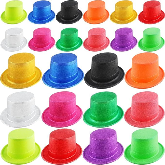 24 Pack Neon Top Hats Glitter Plastic Top Hat Colorful Magician Hat Bright Party Hats for Adult Kids Photo Booth Props Birthday New Years Party Supplies, 12 Colors