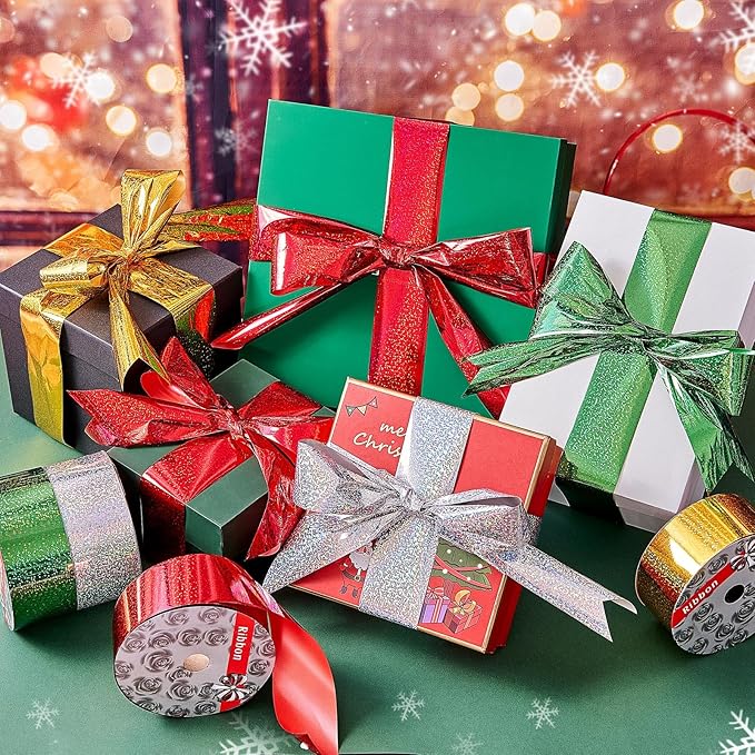 4 Rolls Wrapping Shiny Waterproof Ribbon for Christmas, 50 Yards Curling Plastic Ribbon for Gifts Package Wrapping, Bows, Festival Craft Party Decor(Green, Silver, Red, Gold,2 Inch)