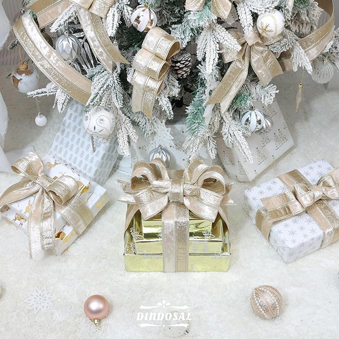 Champagne Velvet and Glitter Wired Christmas Ribbon 2.5 Inch – 10-Yards Roll for Tree Decorations, Gift Wrapping, Wreaths, and DIY Crafts