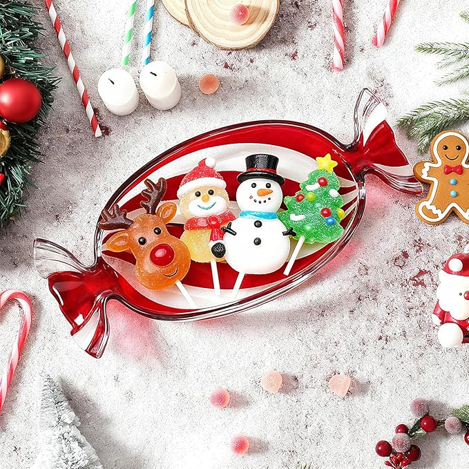 Christmas Candy Shaped Glass Dish Platter Oval Serving Tray Red Transparent Festive Dish for Xmas Holiday Party Cookies Fruit Peppermint Dessert Snack Charcuterie Decorative Gift, Large