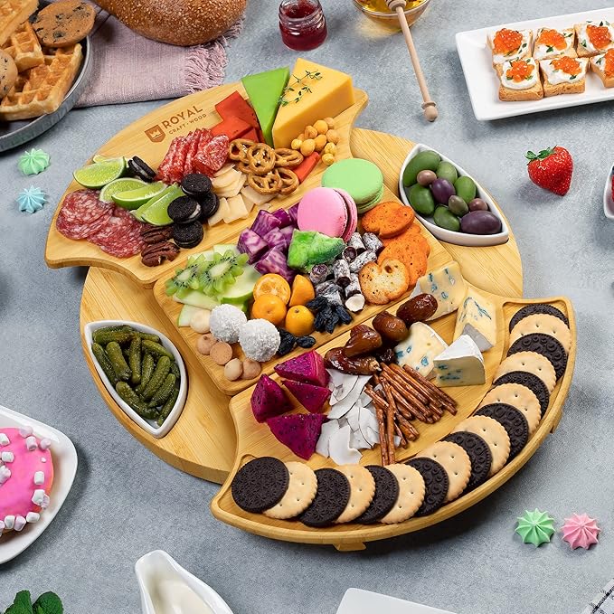 ROYAL CRAFT WOOD Large Round Cheese Board and Knife Set - Charcuterie Board, Bamboo Cheese Board Set, Cheese Tray Set, Wooden Cheese Plate Set 13.7 Inch