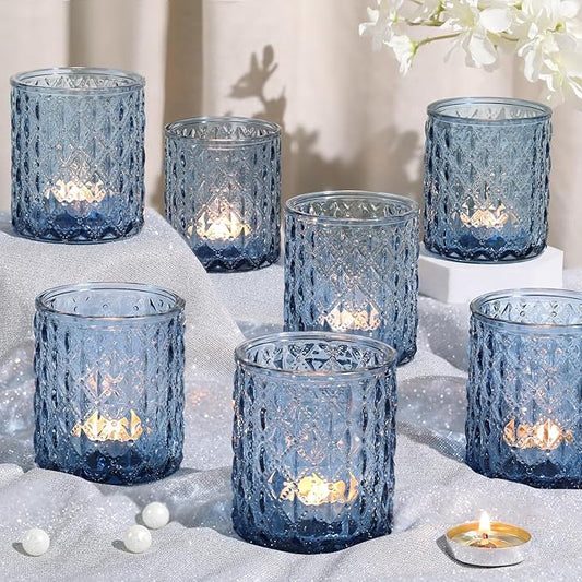 8Pcs Large Votive Candle Holders Blue Tea Light Candle Holders Glass Candle Holder for Wedding, Bridal Shower, Table Centerpiece, Party, Home Decor