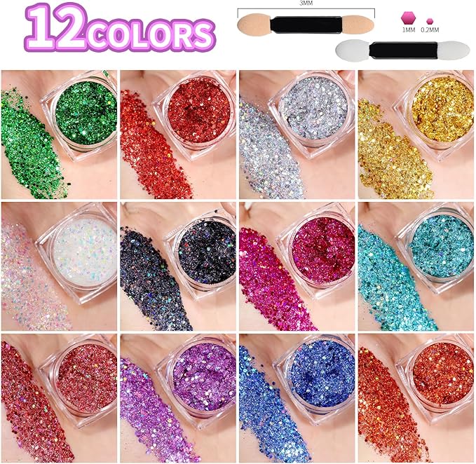 Teenitor 12 Colors Body Glitter, Face Glitter Festival Makeup Glitter Gel, Face and Body Glitter for Makeup, Rave Hair Glitter Gel