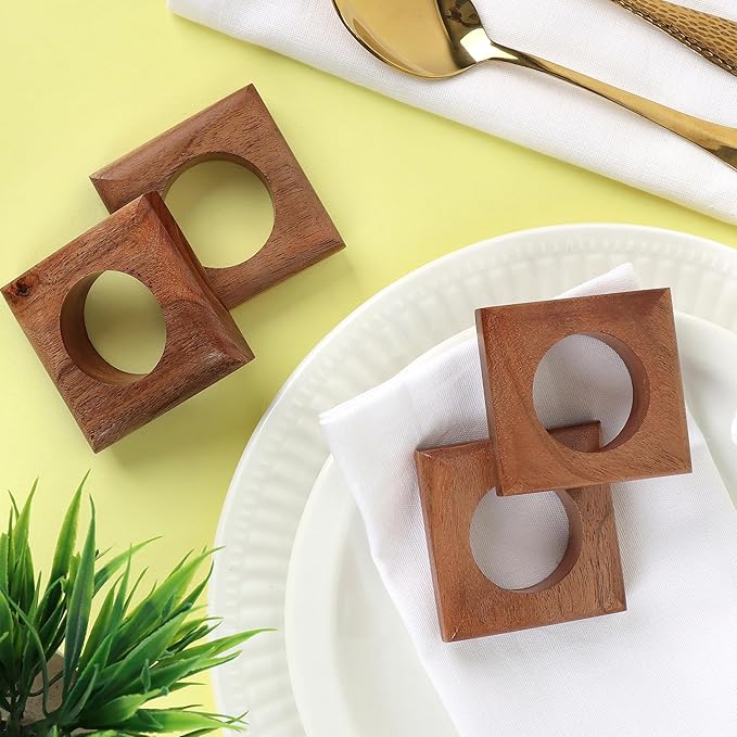 Wooden Napkin Rings Set of 12 Fall Decor for Home Square Acacia Wood Napkin Holders for Dining Table Settings Napkin Ring Rustic Table Décor for Weddings, Parties, Everyday Use (Brown) - CLEENTABLE