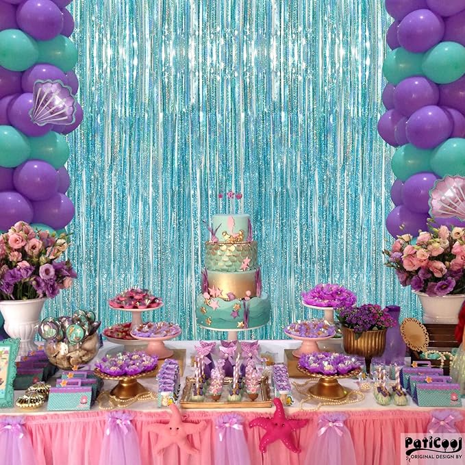 Light Blue Streamers Party Decorations - Thicken 2 Pack 3.2 x 8.2 FT - Blue Foil Fringe Backdrop Curtains for Birthday, Baby Shower, Bachelorette, Frozen, Pool, Under the Sea, Beach Party Decorations