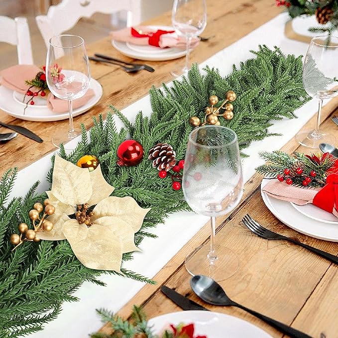 6FT Christmas Norfolk Pine Garland for Mantle, 1PCS Artificial Real Touch Garland with Flowers Berries Pinecones Balls, Green Winter Realistic Norfolk Pine Garlands for Table Winter Xmas Decorations