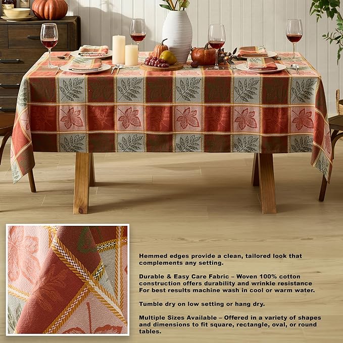 Newbridge Whispering Leaves Rust Orange and Green Plaid Thanksgiving Tablecloth, 52 x 70 Inch Rectangle, Autumn Leaf Woven Fabric Table Cover, Fall Harvest Dining Decor