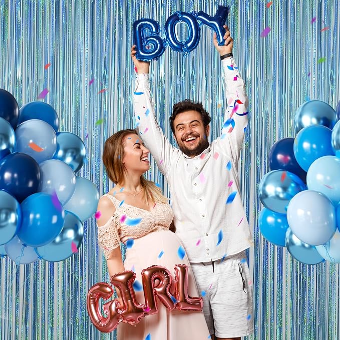 Melsan 2 Pack 3.2 ft x 8.2 ft Tinsel Foil Fringe Curtains Backdrop, Sparkle Metallic Foil Curtains for Party Photo Booth Props Baby Shower Memaid Decoration, Light Blue