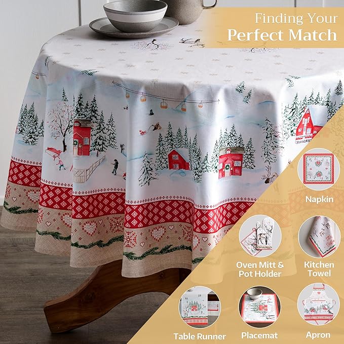 Maison d' Hermine Table Cloth Round Table 100% Cotton 69 Inches Fall Tablecloth Reusable Everyday Use for Thanksgiving Christmas Decorations Dining Farmhouse Party (Rural Christmas)