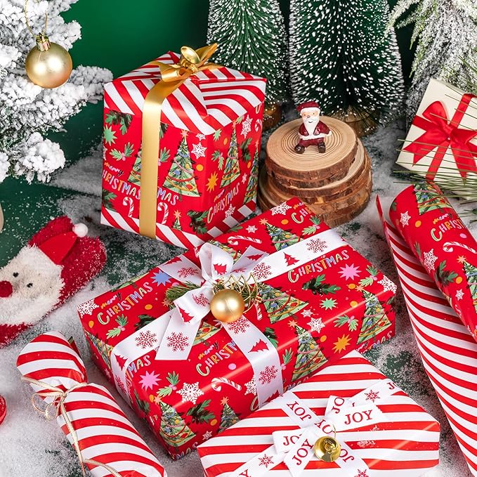 WRAPAHOLIC 30 Inch Jumbo Reversible Christmas Wrapping Paper - 30 Inch x 33 Feet - Red Christmas Tree Wrapping Paper and Stripe Design for Holiday, Party Celebration