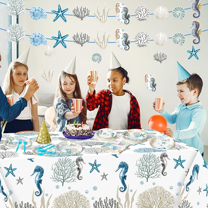 Ocean Seashell Party Decoration - Serves 24 - 112Pcs Nautical Coastal Beach Summer Party Supplies, Starfish Coral Disposable Plate Napkin Forks Tablecloth Banner Card, for Birthday Baby Shower