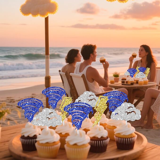 24pcs Glitter Tornado Party Cupcake Toppers Tornado Birthday Party Decorations Lightning Cloud Theme Cake Cupcake Picks for Weather Theme Birthday Party Baby Shower Supplies