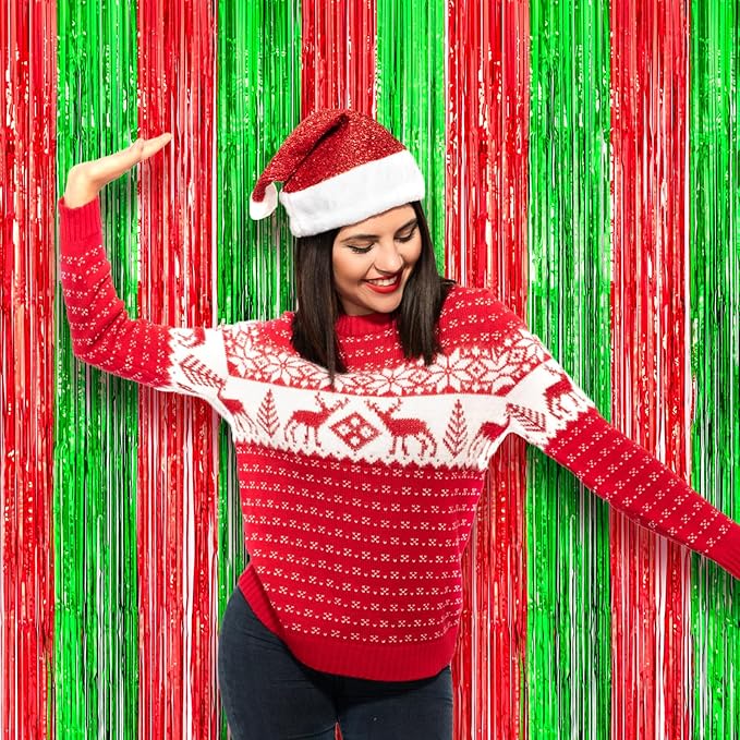 3 Pack 3.3x8.2 Feet Red and Green Foil Fringe Backdrop Curtains, Tinsel Streamers Birthday Party Decorations, Fringe Backdrop for Graduation, Baby Shower, Gender Reveal, Disco Party