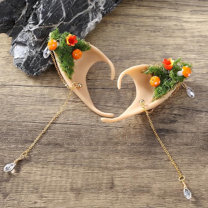 FRESHME Forest Mushroom Elf Ears, Soft Fairy Ears with Mushroom Moss and Flower Elven Ear Cuffs Halloween Renaissance Cosplay