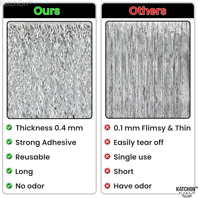 KatchOn, XtraLarge Wavy Silver Backdrop Curtain - Pack of 2 | Silver Streamers Backdrop for Disco Party Decorations | Fringe Curtains for Engagement, 25th Anniversary, 25th Birthday Decorations