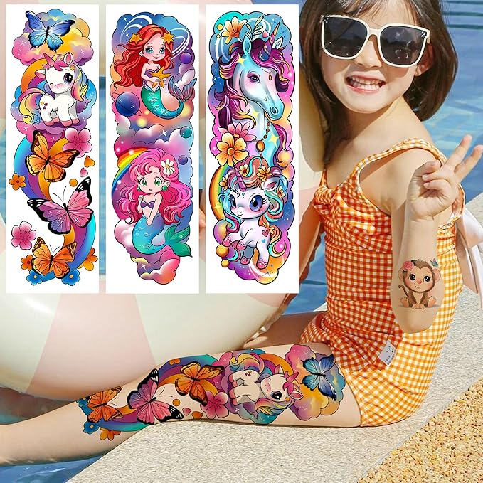 58 PCS Unicorn Mermaid Full Arm Temporary Tattoo For Kids Girls Boys, Dinosaur Car Space Monster Truck Animals Butterfly Body Face Fake Arm Sleeve Tattoos Stickers, Goodie Bags Stuffers Party Supplies