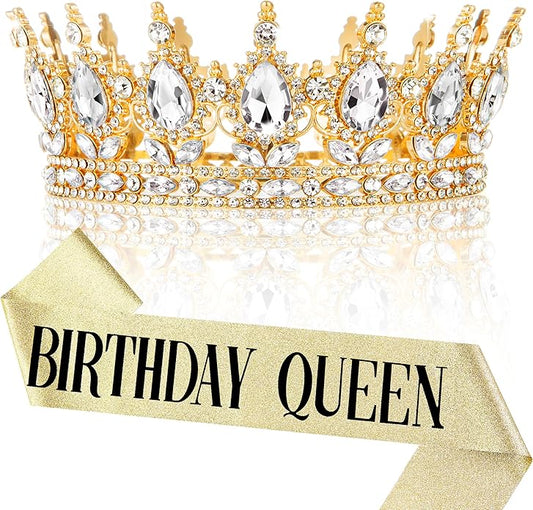 Gold Crown for Women, Crystal Queen Tiaras Headband Wedding Bridal Hair Accessories, Birthday Party Prom Cake Topper