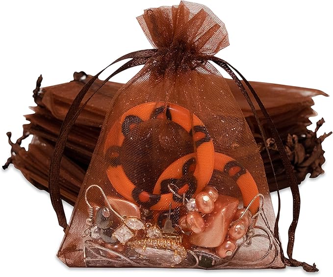 TheDisplayGuys 48-Pack 3x4 Brown Sheer Organza Gift Bags with Drawstring, Jewelry Candy Treat Wedding Party Favors Mesh Pouch