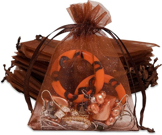 TheDisplayGuys 48-Pack 3x4 Brown Sheer Organza Gift Bags with Drawstring, Jewelry Candy Treat Wedding Party Favors Mesh Pouch