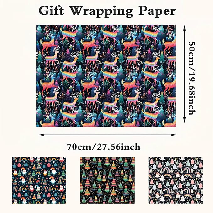 Vnaaem Christmas Wrapping Paper for Boys Girls Kids - Cute Rainbow Xmas Gift Wrap with Santa Tree Reindeer Design for Holiday Winter Paty - 20 x 28Inches Per Sheet(8 Pack)