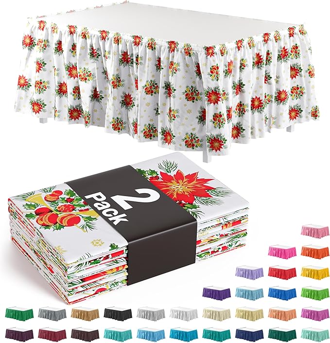 Exquisite Ruffle Table Skirt Holiday 2 Pack 14 Ft Long for Rectangle 6ft Plus or Round Tables With Adhesive Strip for Gender Reveal Decor & Happy Birthday Parties