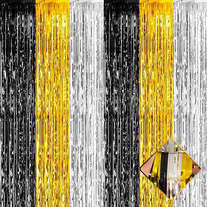4 Pack 3.2Ft x 9.8Ft Black Gold Silver Foil Fringe Curtain Backdrop, Metallic Tinsel Foil Fringe Streamers for Photo Booth, Wedding, Notorious One Birthday Roaring 20s Graduation Party Decoration