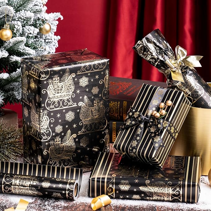 WRAPAHOLIC Reversible Black and Gold Christmas Wrapping Paper - Mini Roll - 17 Inch x 33 Feet - Black Gold Sleigh and Stripe Wrapping Paper with Metallic Foil Shine for Christmas, Holiday, Party