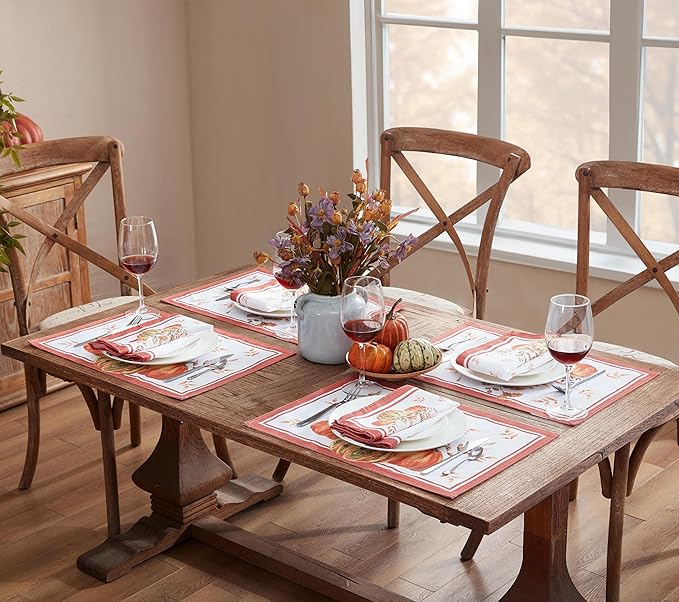 Home Bargains Plus Thanksgiving Contemporary Orange Pumpkin Fabric Placemats, Set of 4, Fall Harvest Easy Care Table Mats