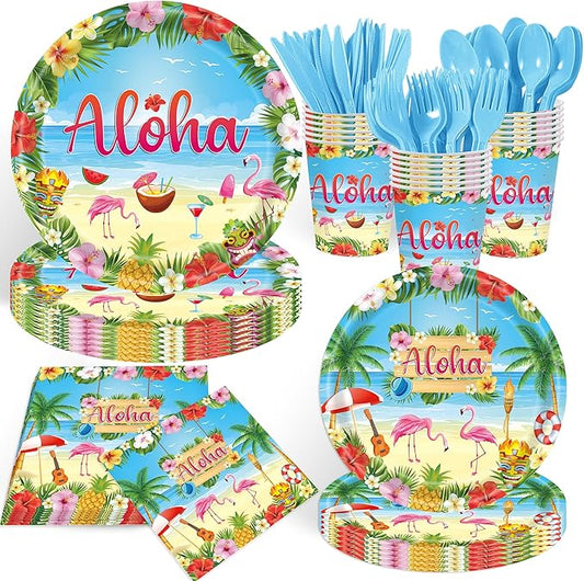140pcs Luau Party Supplies Party Tableware for Aloha Hawaiian Party Decorations Dinnerware Set Serves 20 + Guests for BBQs & Summer party