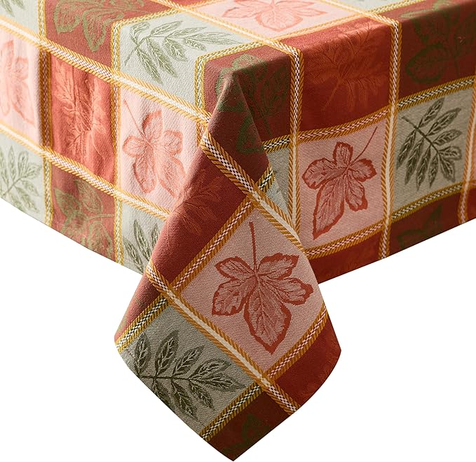 Newbridge Whispering Leaves Rust Orange and Green Plaid Thanksgiving Tablecloth, 70 Inch Round, Autumn Leaf Woven Fabric Table Cover, Fall Harvest Dining Decor