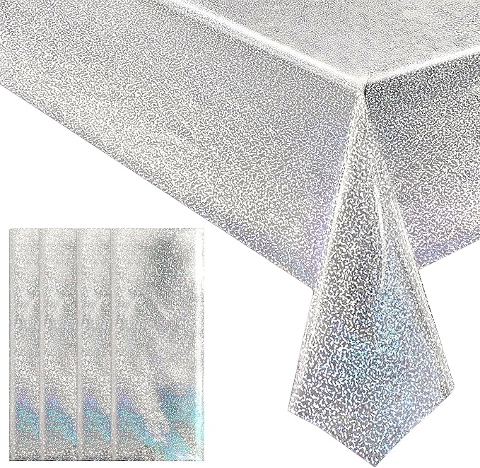 4 pcs Silver Holographic Tablecloths Shiny Disco Laser Table Cloths 40" x 108" Iridescence Plastic White Table Cover for Birthday Party Decoration Wedding Christmas Winter Grad Party Supplies