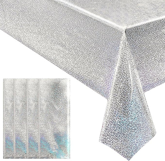 4 pcs Silver Holographic Tablecloths Shiny Disco Laser Table Cloths 40" x 108" Iridescence Plastic White Table Cover for Birthday Party Decoration Wedding Christmas Winter Grad Party Supplies