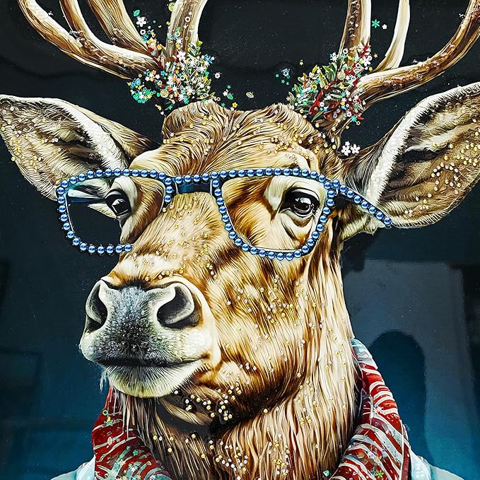 YPGEAME Deer Pictures Wall Decor, Framed Wall Art, Deer with Blue Glasses And Red Scarf, for Halloween and Christmas Decorations in Living Rooms, Bedrooms, and Offices, 24×36 in