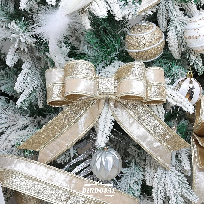 Champagne Velvet and Glitter Wired Christmas Ribbon 2.5 Inch – 10-Yards Roll for Tree Decorations, Gift Wrapping, Wreaths, and DIY Crafts