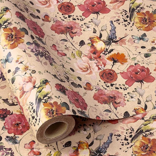 RUSPEPA Floral Wrapping Paper Bouquet for Women, 17 in x 16.4 ft, Mini Roll, Blooming with Bird and Butterfly Design, Kraft Wrapping Paper Roll for Spring, Birthday and Baby Shower