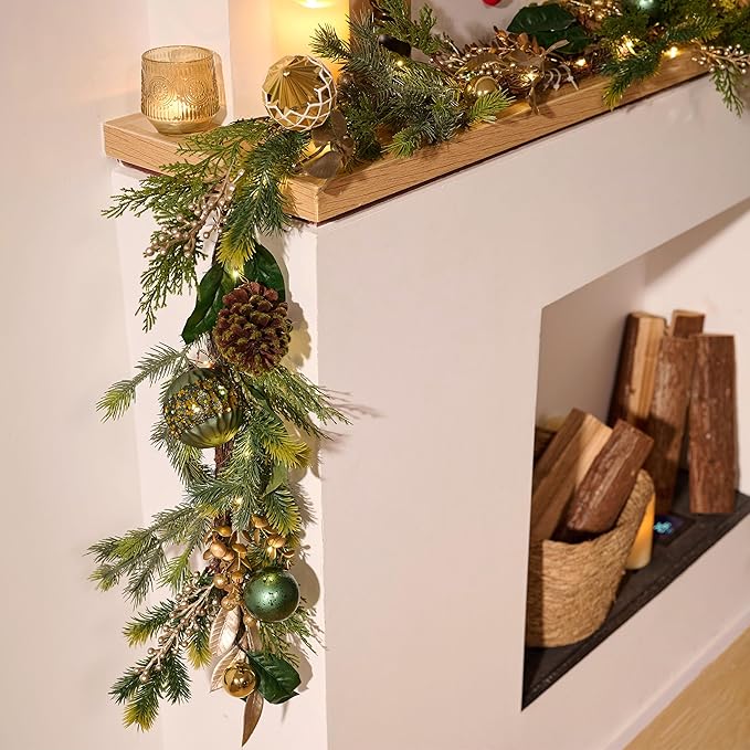 Decorbyhannah Green Gold Christmas Garland with Ornaments, 9ft Christmas Garland with Lights for Mantle, Battery Operated Xmas Garlands for Home Decorations