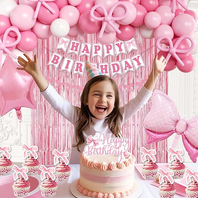 Pink Bow Birthday Party Decorations for women,Fringe Curtains Happy Birthday Banner,Pink balloons,Cake Toppers for girls